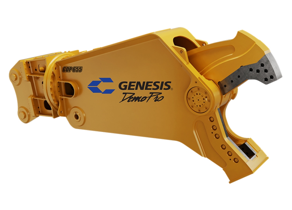 Yellow Genesis Demolition Processor with concrete tips facing right