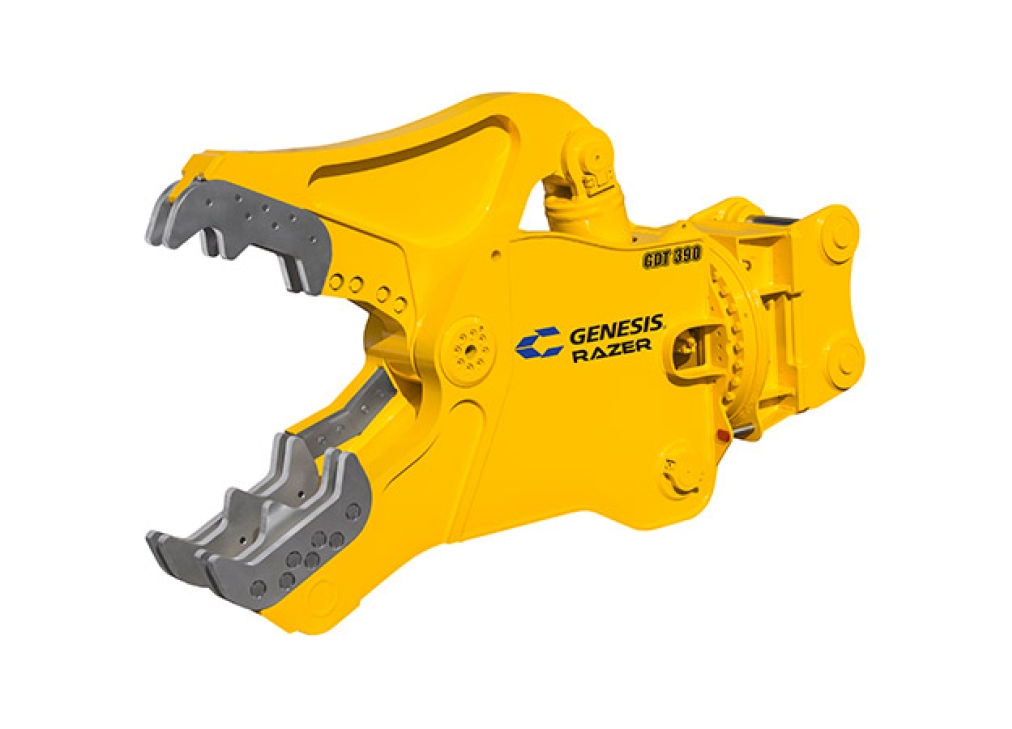 Yellow Genesis Razer Demolition Tool with open jaws facing left.