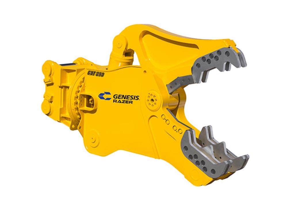 Yellow Genesis Razer Demolition Tool with open jaws facing right.
