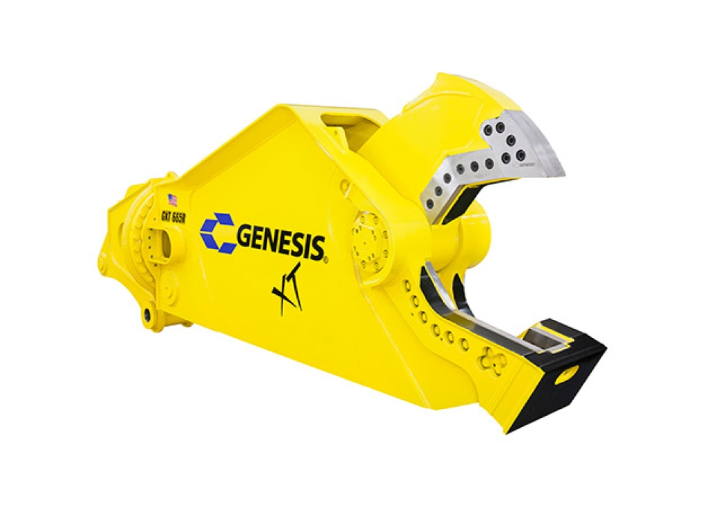 Yellow Genesis XT mobile shear with open jaw facing right.