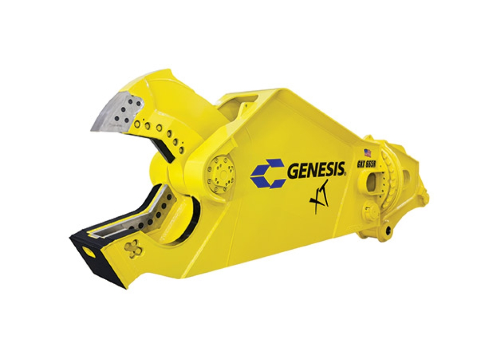 Yellow Genesis XT mobile shear with open jaw facing left.