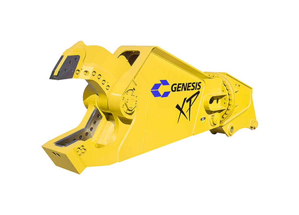 Yellow Genesis XP mobile shear with open jaw facing left.