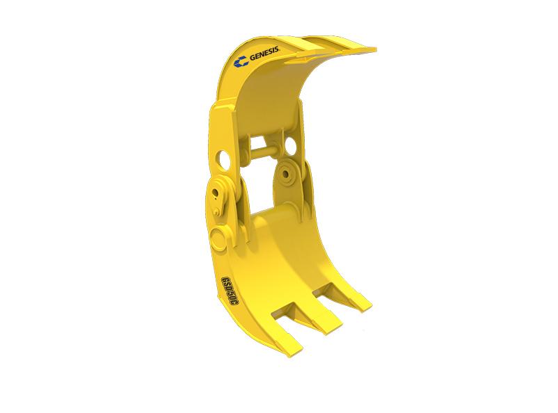 Yellow Genesis C Series Severe-Duty Grapple with open jaw facing right.