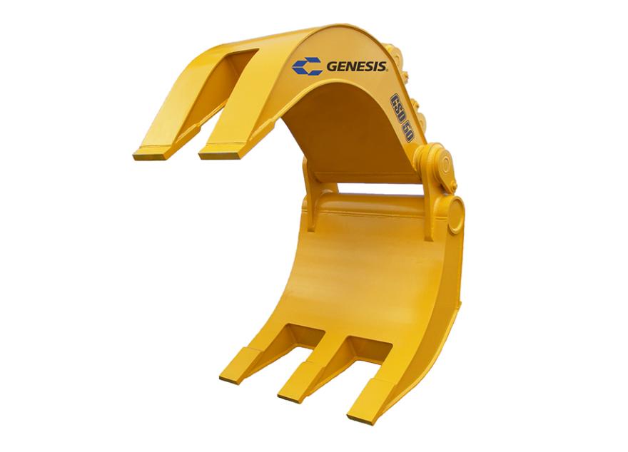  Yellow Genesis Severe-Duty Grapple with open jaw facing left.