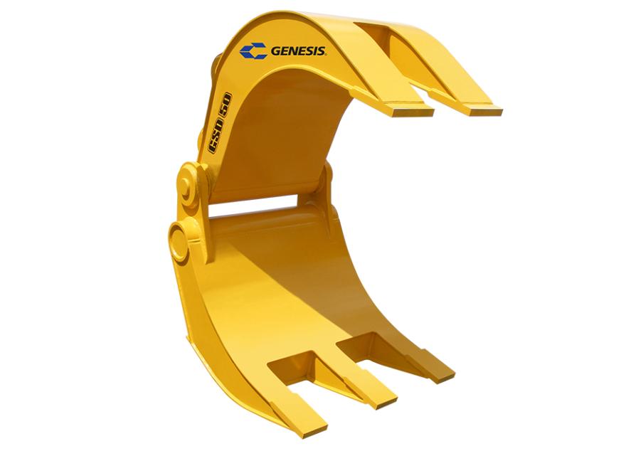 Yellow Genesis Severe-Duty Grapple with open jaw facing right.