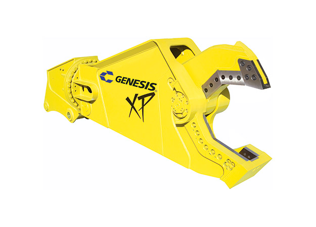 Yellow Genesis XP mobile shear with open jaw facing right.